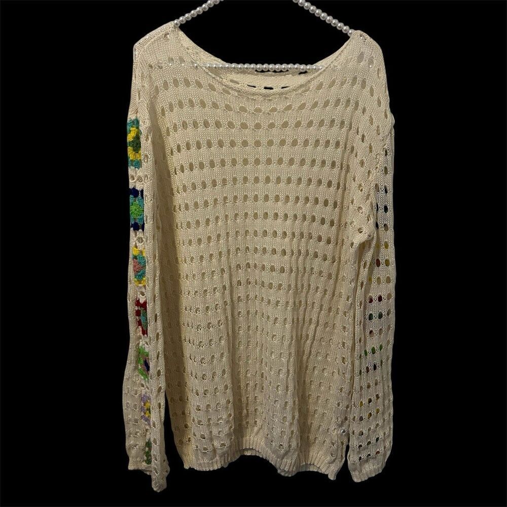Crochet Top Grannycore  Sleeves Cream Multicolor Festival HOBO BOHO Large‎ Beach